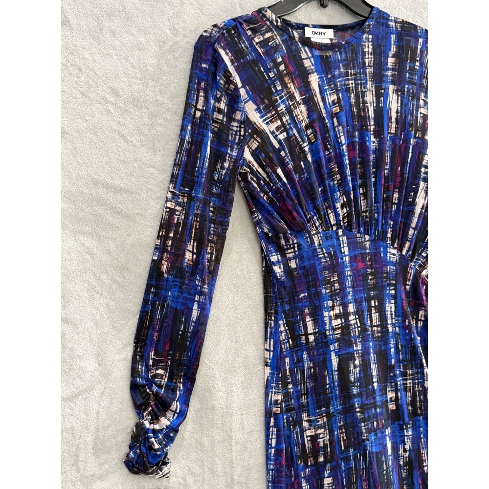 DKNY Mesh Midi Dress Womens Blue Abstract Ruched Long Sleeve 4 NWT - Picture 5 of 11